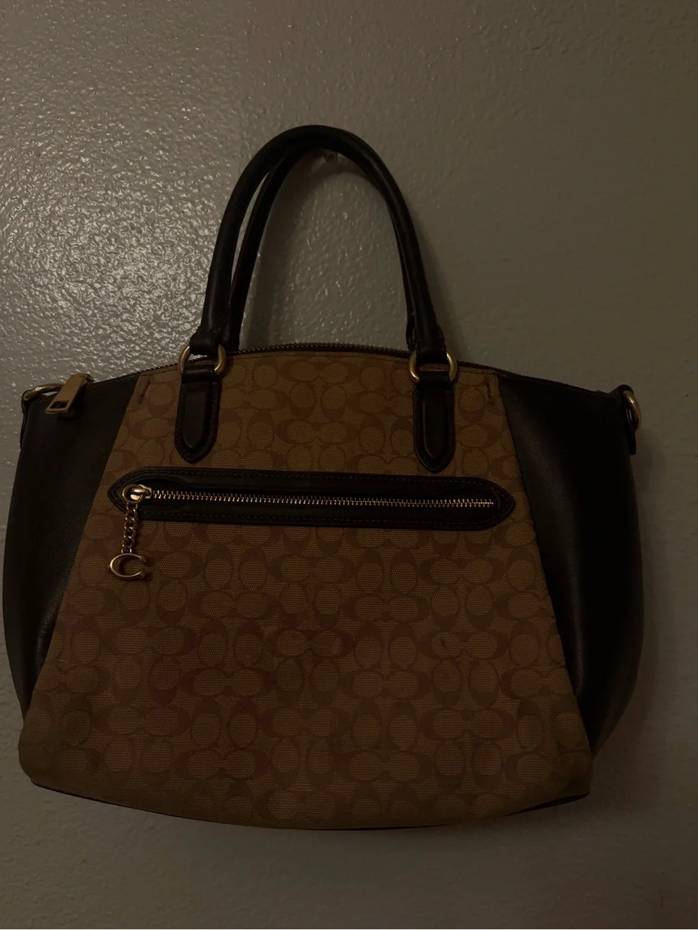 Coach Brown Signature Canvas Satchel with Black Leather Trim